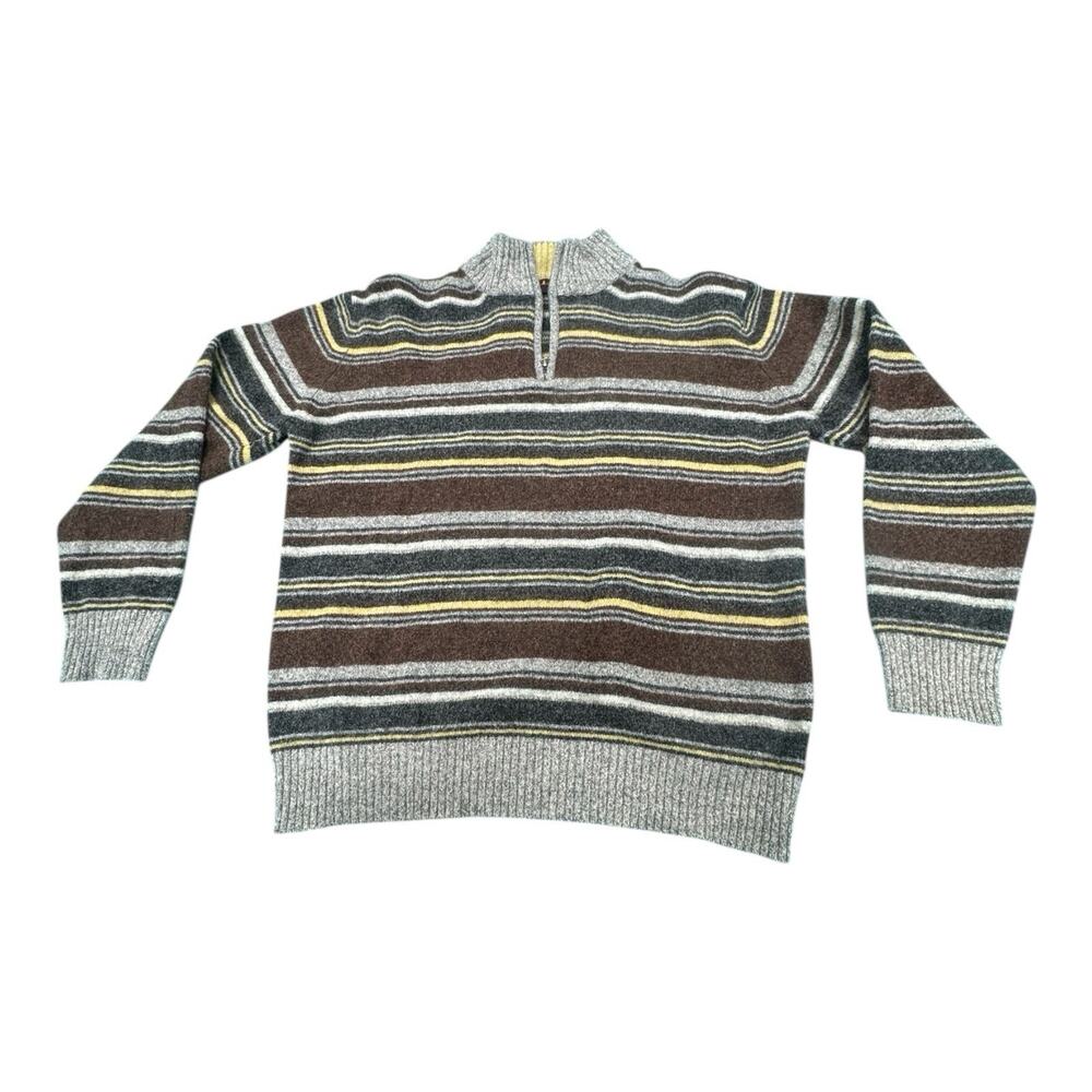 Vintage Hunt Gallery L Wool Blend Quarter Zip Gray Yellow Brown Striped Sweater